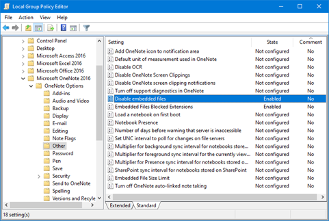 Local Group Policy Editor showing the 'Disable Embedded Files' setting listed in the article 'Enabled'