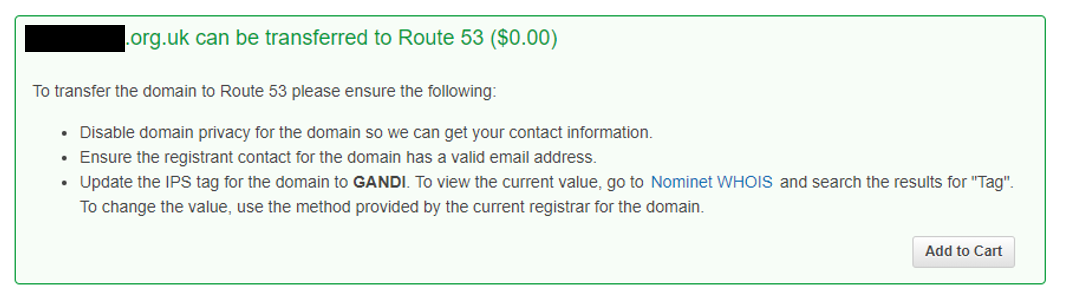Image showing AWS's instructions to the user on what actions to take to transfer the domain to Route 53