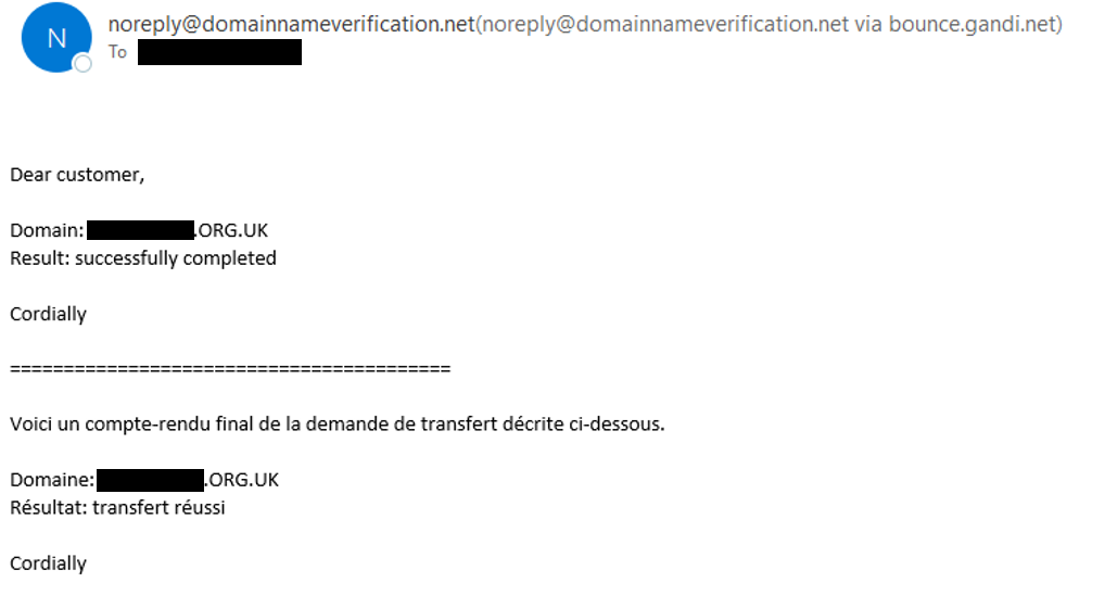 Screenshot showing an email which states that domain transfer is complete